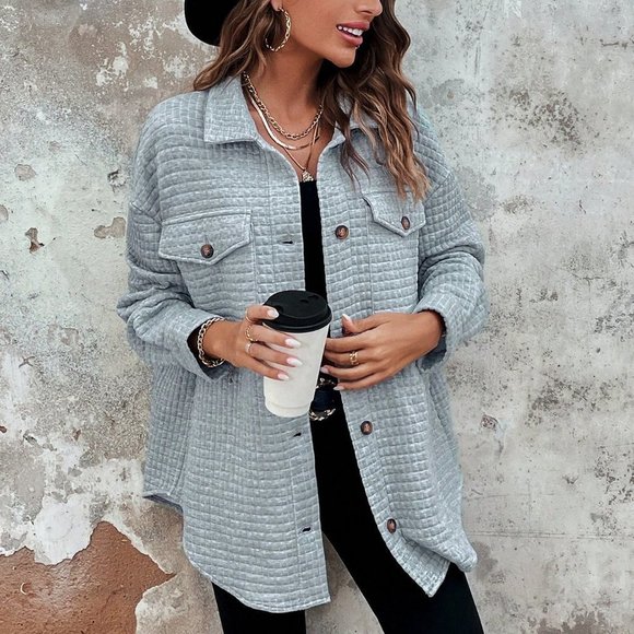 Grey Casual Womens Flap Pocket Drop Shoulder Button Front Coat - Picture 4 of 5
